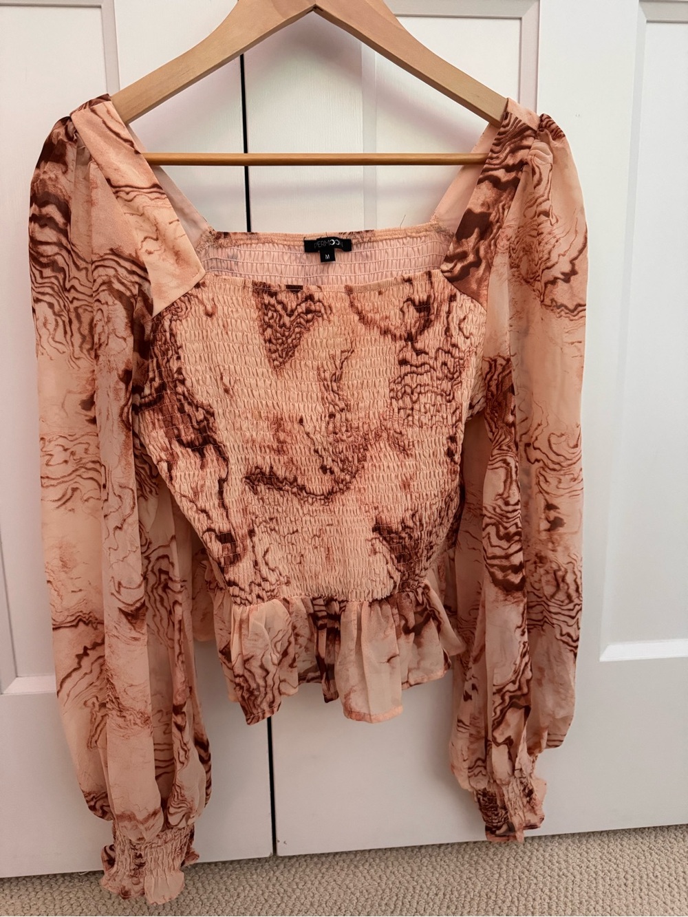 Papermoon Peach Marble-Print Smocked Long-Sleeve Blouse